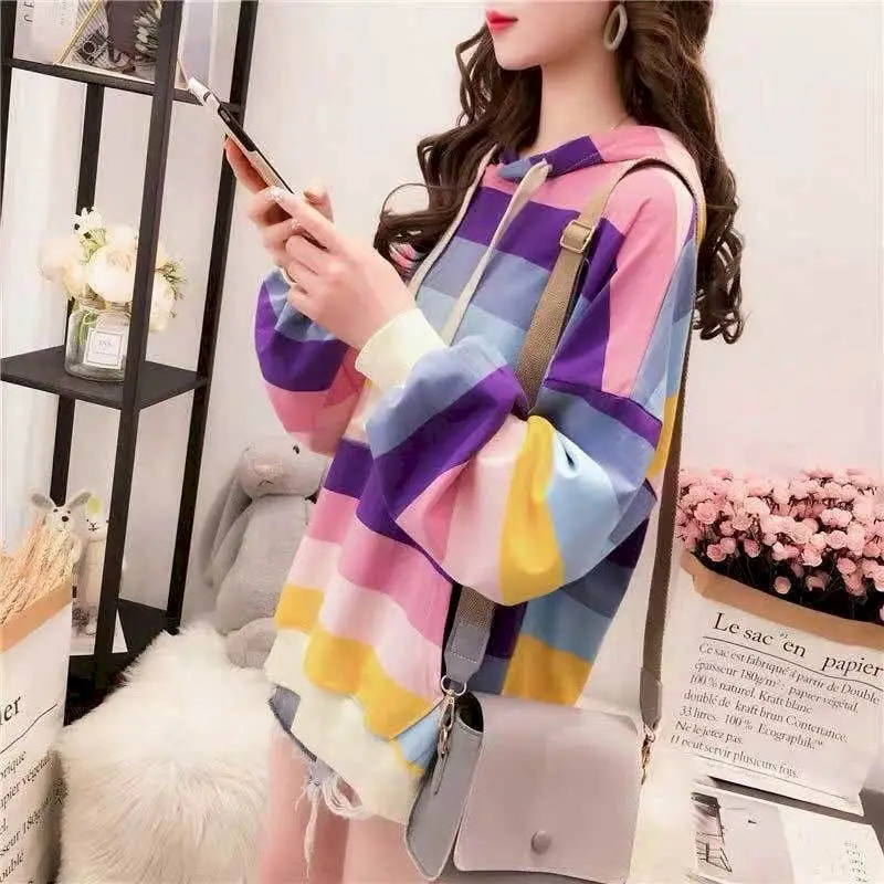 Womens Hoodies Rainbow Striped Long-sleeved T-shirt Spring Autumn New Loose Thin Casual Oversized Hooded Sweatshirt Women Tops