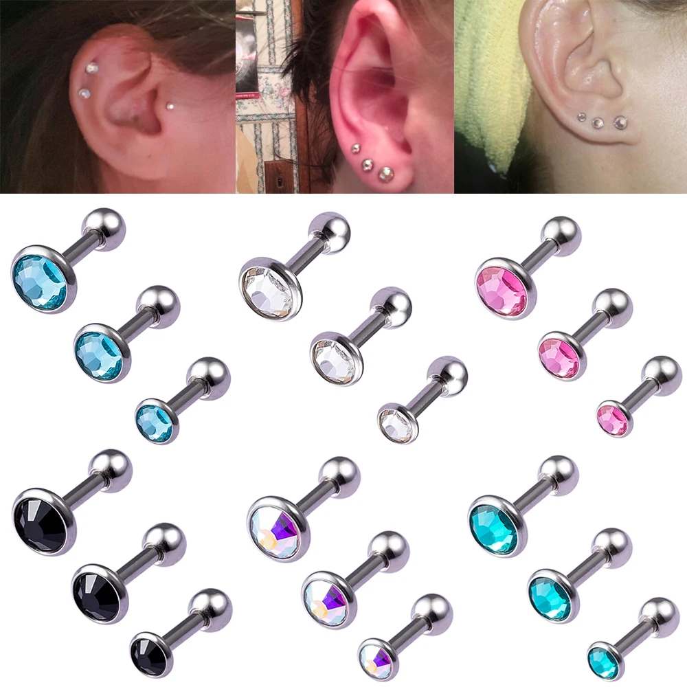 3pcs/lot 16g CZ Stone Cartilage Tragus Helix Conch Studs Bar Daith Earring Piercing Jewelry 3mm 4mm 5mm Top for Men Women