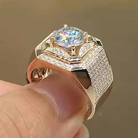Men's 925 Sterling Silver &amp; Rose Gold Rings Finger Luxury Simulated Diamond Engagement Wedding Ring Boys Jewelry Gift