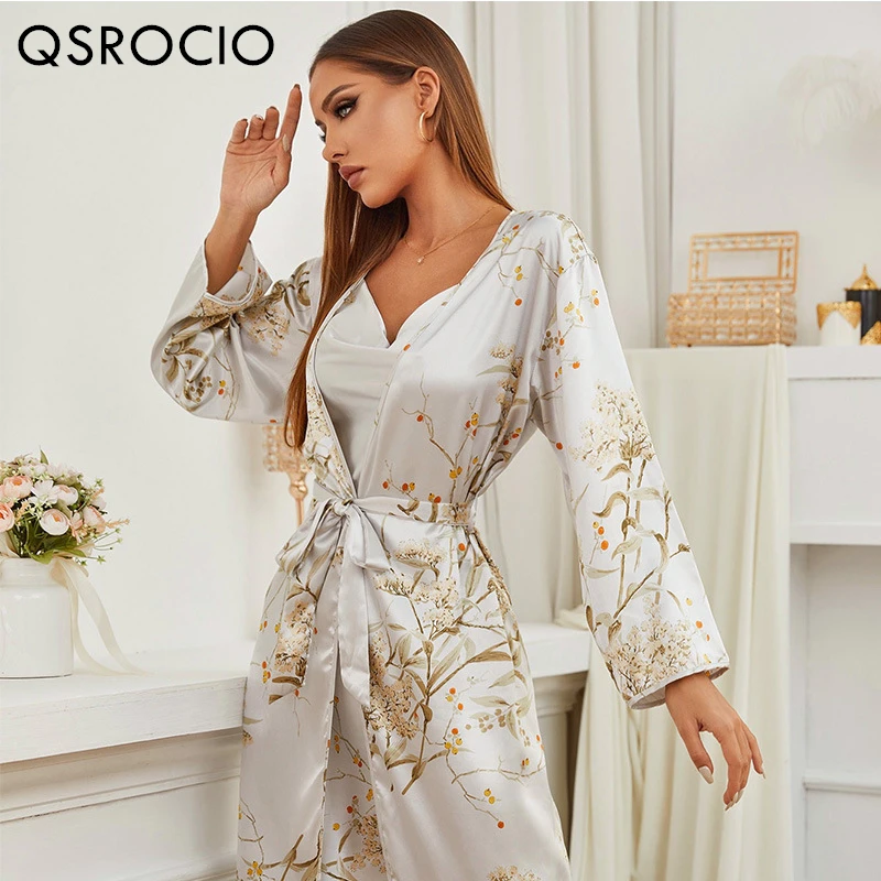 QSROCIO Women\'s Pajamas Robe Set Silk Like Homewear Deep V Neck Sling Dress Luxury Floral Print Bathrobe 2pcs Home Clothes Femme