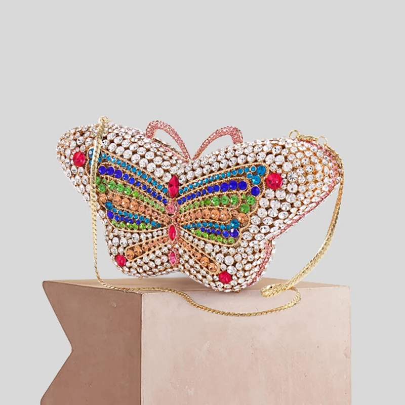 DOYUTIG Shiny Colorful Diamond Butterfly Clutches Women Beauty Rhinestones Wedding Metal Chains Crossbody Bag Dinner Bag A265