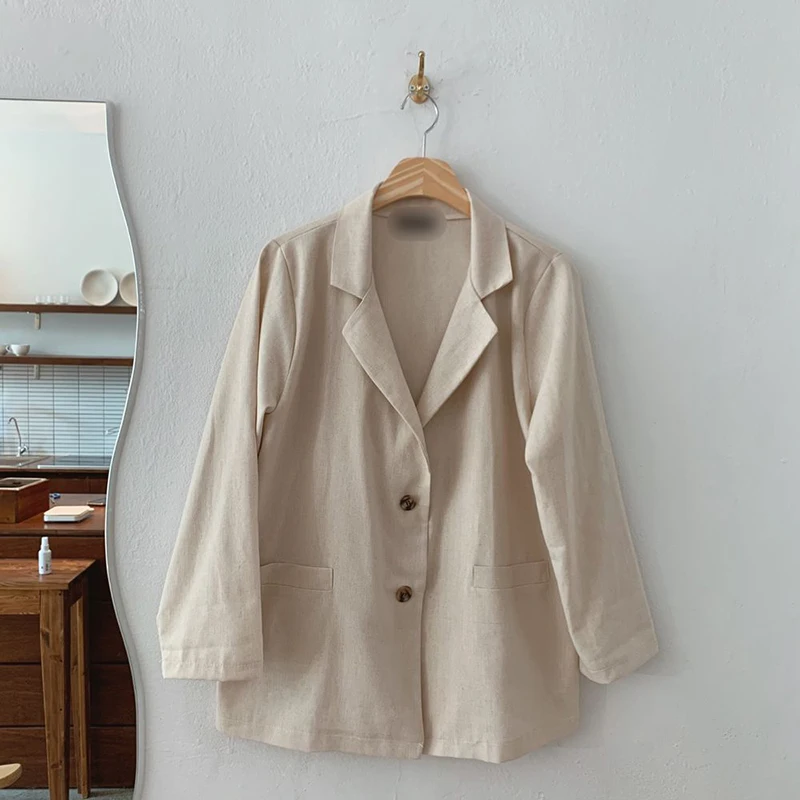 QOERLIN Two Button Simple Cotton Linen Suit Jacket 2021 Long Sleeve Thin Air-Conditioned Jacket Coat Female Blazer Office Ladies