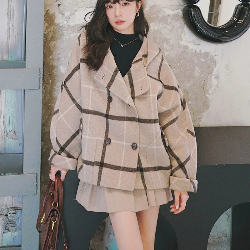 Blends Frauen Junge Zarte Plaid Design Mit Kapuze Warme Winter Straße Tragen Lose Mode Lässig Ulzzang Harajuku Y2k Einfache Täglichen Ins