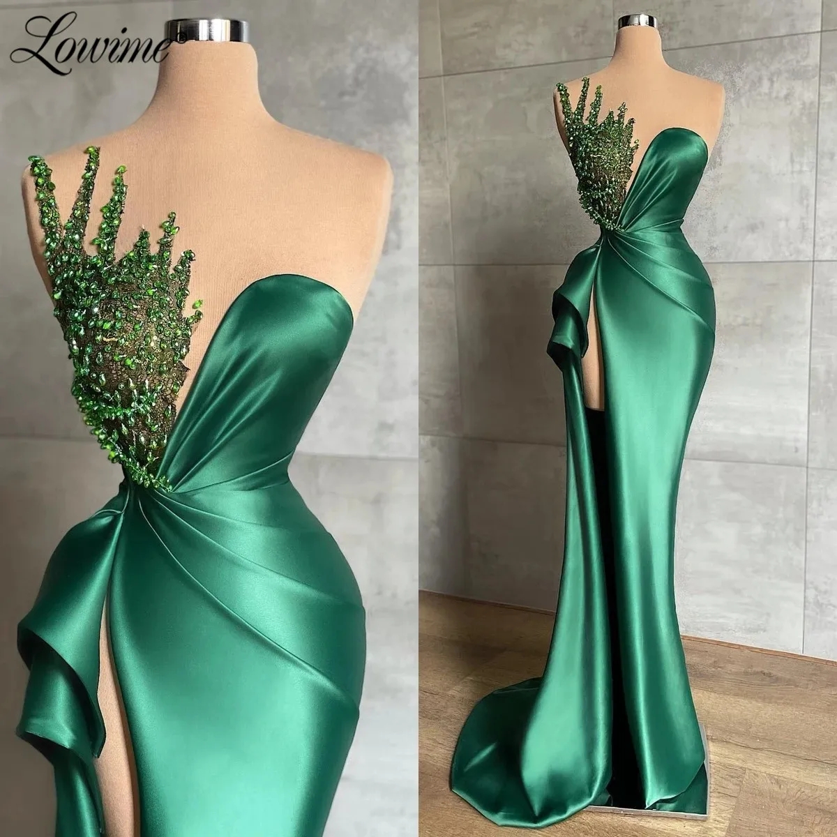 Lowime Emerald Green Long Evening Dresses 2022 High Slit Beaded Satin African Arabic Women Evening Gowns Customized Party Dress