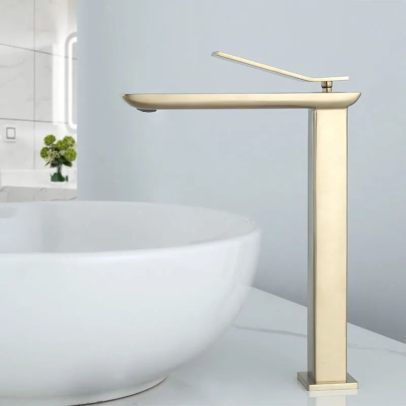 

Basin Faucets Solid Brass Bathroom Sink Mixer Tap Hot & Cold Lavatory Crane Vessel Single Handle Deck Mount Brushed Gold/Chrome