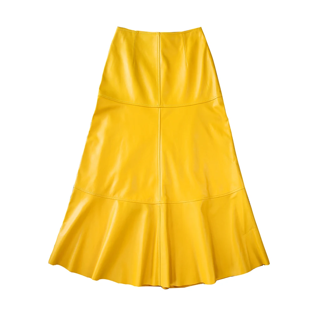 Women Genuine Leather 80 CM Long Skirt Female French Elegant Stitching Super Long Flared Saia Longa Mujer Yellow Umbrella Jupe