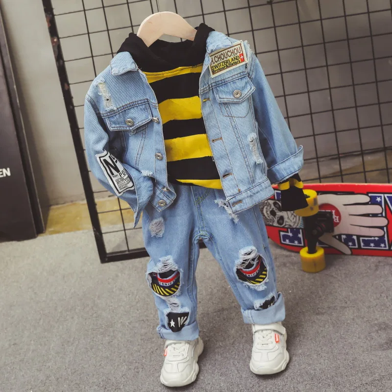 Kids Clothes Boys Long Sleeve Denim Jacket + Hoodie + Jeans 3pcs Sports Suit, Hot Sale New  Casual Boys Clothing Set 2-7Year