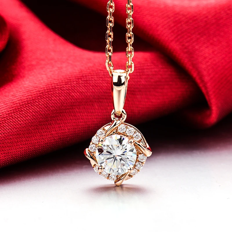 Classic 14k Rose Gold Created Moissanite Pendant Necklace 1ct EF 6.5mm Round Diamond Anniversary Wedding Engagement Jewelry