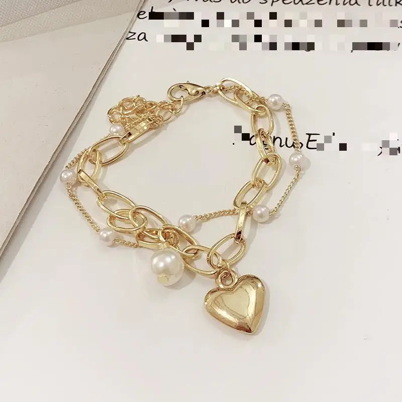 Fashion Chain Love Pearl Double Bracelet Temperament Peach Heart Pendant Bracelet Female College Student Jewelry Pulsera