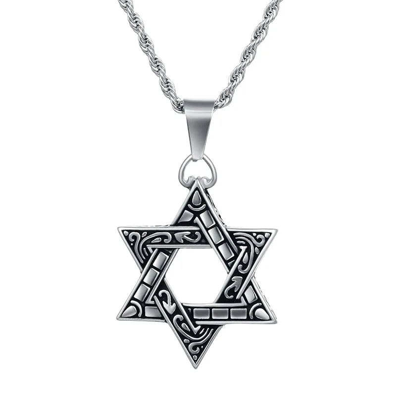 Valily Six-pointed Star of David Pendant Necklace Double-sided Retro Stainless Steel Cosmic Personality Necklaces Jewelry