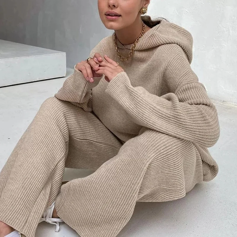 

Women Tracksuit Set Autumn Winter Matching Suit Hooded Sweatshirt Wide Leg Pants Loungewear Knitted Sweater Outfit Two Piece Set