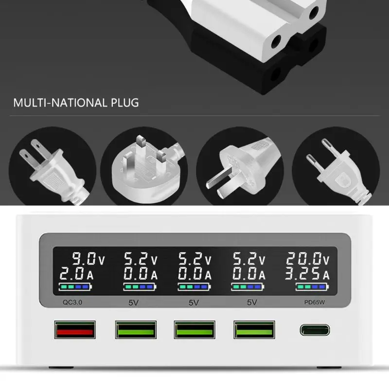 

Зарядное устройство, 5 портов, QC3.0, USB Type-C PD, 65 Вт, беспроводное зарядное устройство Qi, быстрая зарядка для ноутбуков, планшетов мобильный телефон