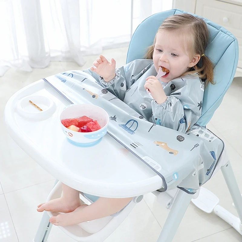 Newborn Long Sleeve Bib Coverall with Table Cloth Cover Baby Dining Chair Gown Waterproof Saliva Towel Burp Apron