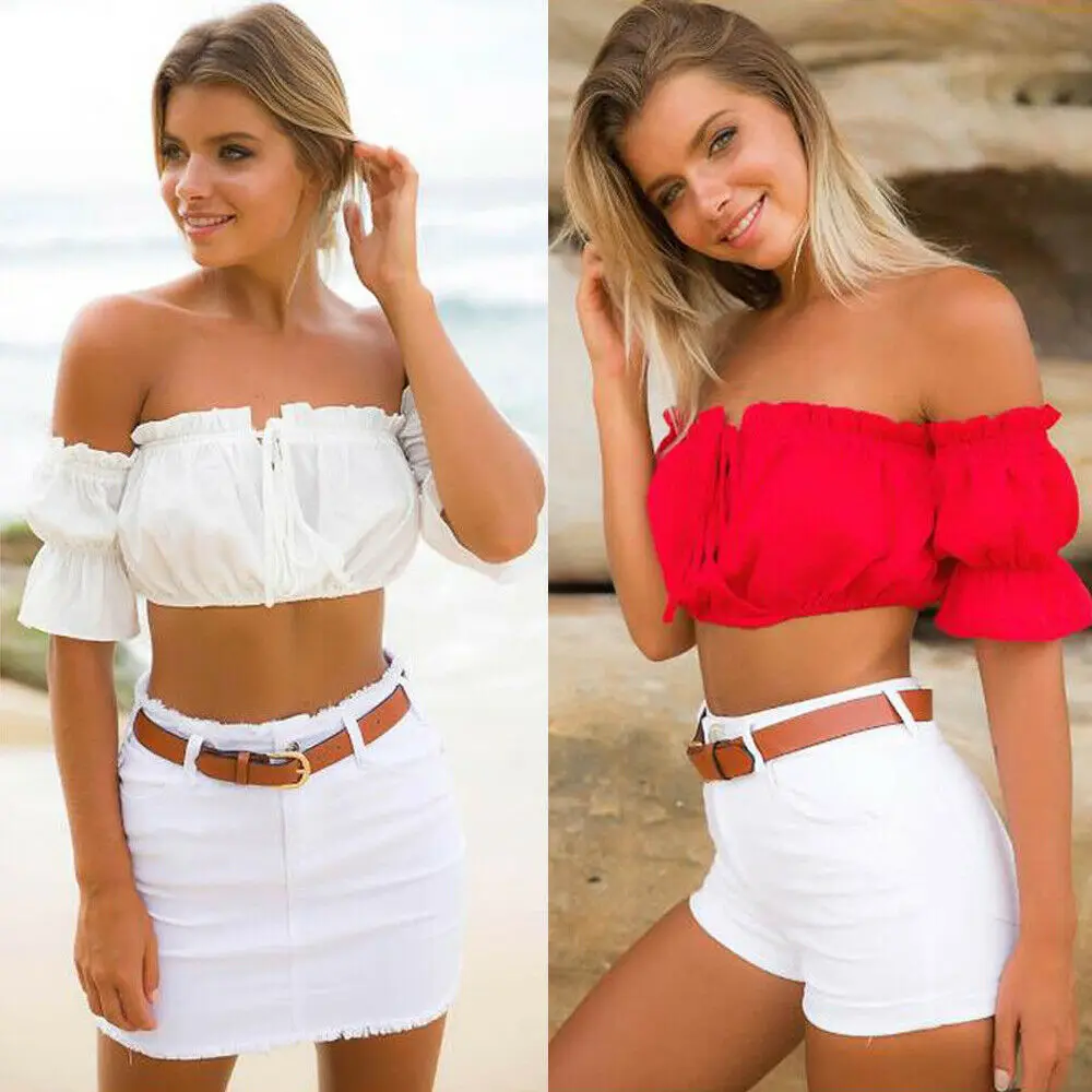 Summer 2019 Stylish Women Sexy Crop Tops Off Shoulder Solid Short Sleeve Crop Tops Bandeau Tops