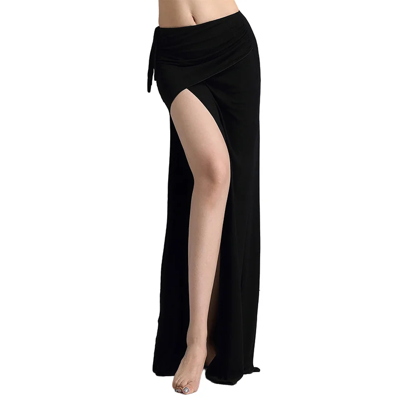 Sexy Modal Belly Dance Costume High Waist Draw String Long Skirt Side Split Slim Dancer Practice Wear Comfortable Black Adult XL