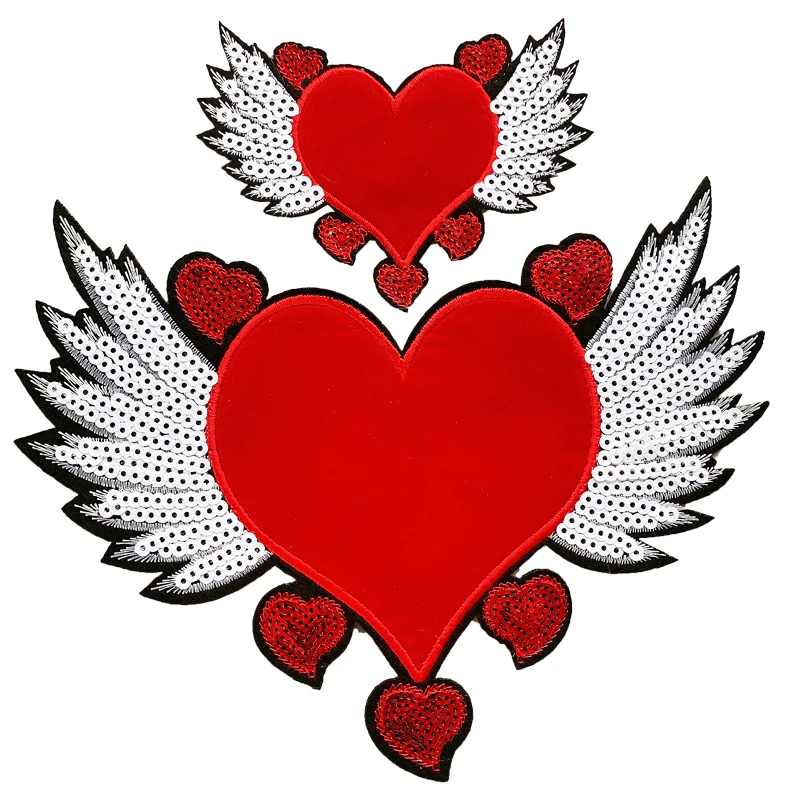 

Sequins Heart Badges for Backpack, Wing Embroidery Patch, Clothing Accessories, Wholesale Patches, Iron on Patches