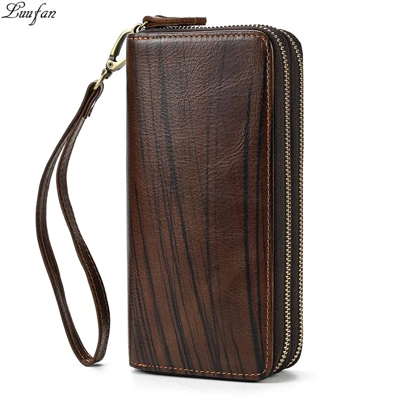 

Luufan Men Double Zipper Long Wallet Women Genuine Leather Card Holder Big Zip Around Clutch Purse Phone Coin Pocket Hand Bag