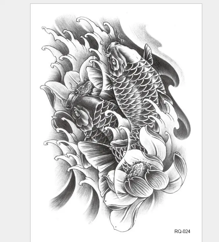 tatoo carp Transfer Fake Tattoo Sticker Black and White Carp Fish Tatoo Art Waterproof Temporary Flash Tatto for Woman Man Kids