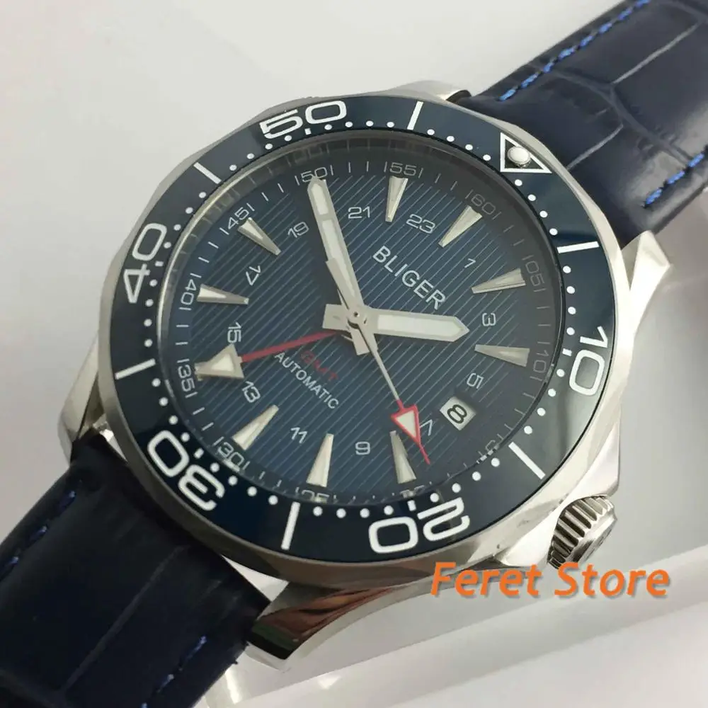 

BLIGER 41mm Blue Dial Date Window GMT Function Sapphire Glass Self Winding Men Wristwatch Leather Strap Ceramic Bezel