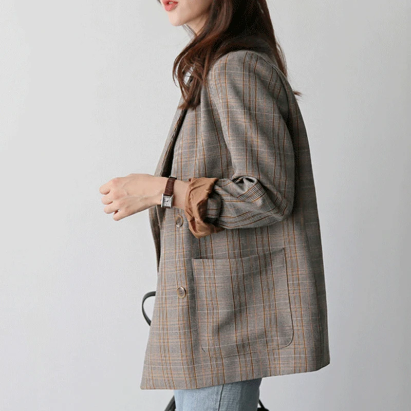 Vintage Notch-collar Double Breasted Plaid Blazer Women Full Sleeve Loose Female Grid Suit Coat Autumn Women Jacket  2019