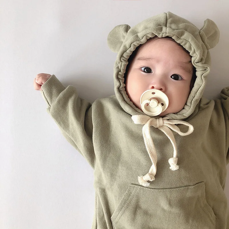 2023 Autumn New Children\'s Clothing Baby Bodysuits Kid Boys Bear Ears Hooded Jumpsuit Cotton Long Sleeve Baby Girl Bodysuit