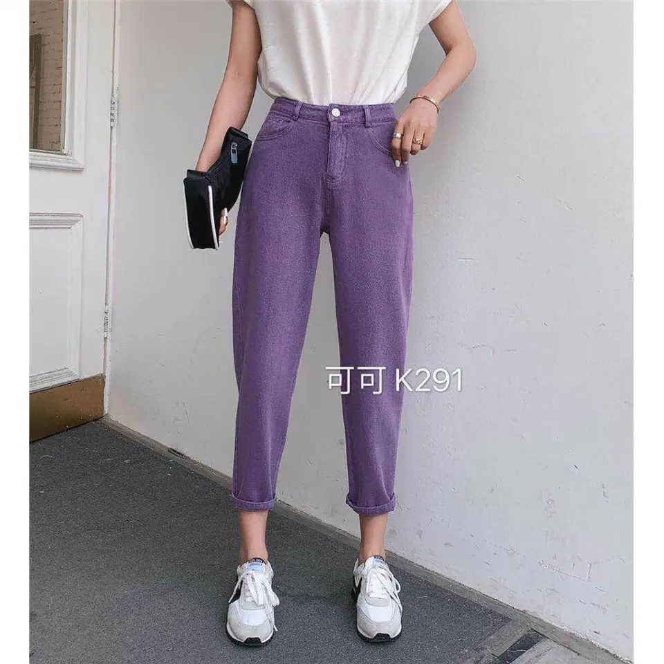 Spring Autumn Pink Woman Jeans Cotton Casual Straight Harem Pants Women's  Washed Trousers Loose Cropped Pants High Waist Jeans