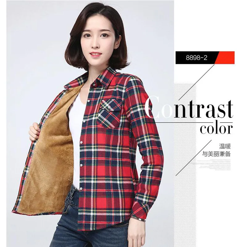 Women\'s Shirts Check Shirt Autumn Winter Long Sleeve Plaid Shirt Single-breasted Add Thick Warm Women Jacket Female Tops K360