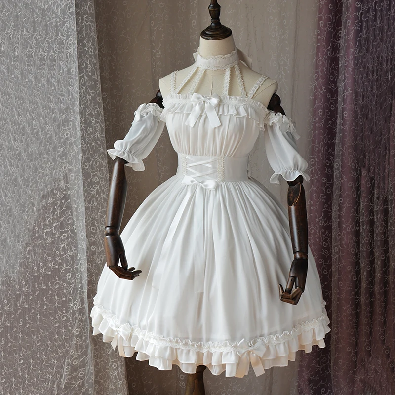 

Princess tea party sweet lolita dress vintage lace bowknot detachable sleeve waist victorian dress kawaii girl gothic lolita jsk