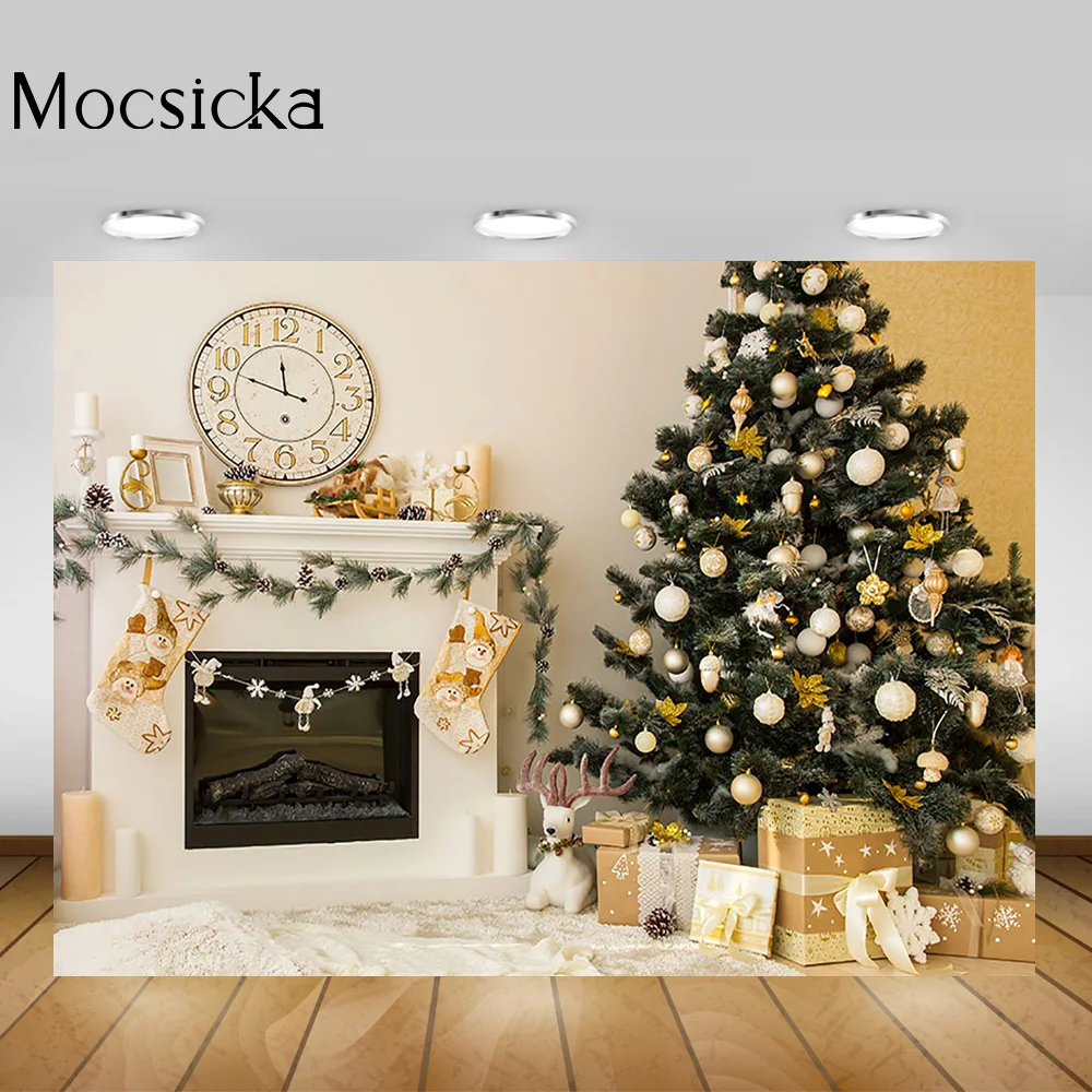 Weihnachtsbaum Winter Porträt Hintergrund Fotografie Kamin Uhr Familie Wohnzimmer Party Hintergrund Socken Geschenke Photocall