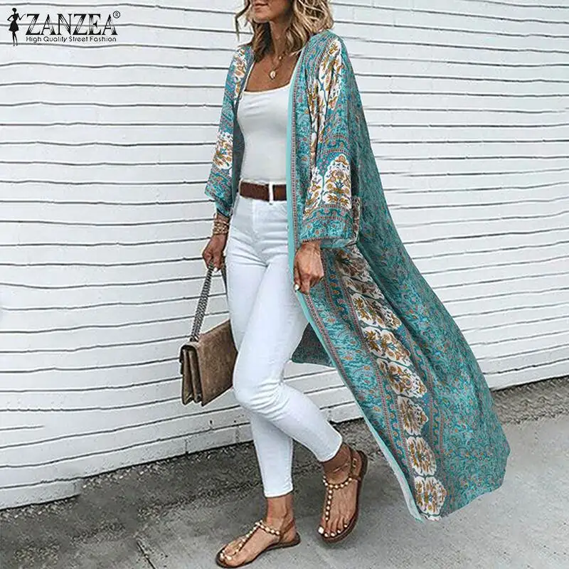 ZANZEA Summer Vintage Floral Printed Blouse Women Beach Cardigan Bohemian Long Sleeve Open Front Holiday Kimono Loose Long Shirt