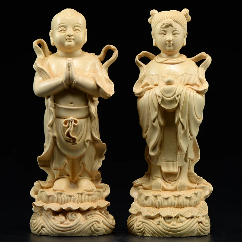 Small leaf yellow poplar carving crafts golden child jade girl ornaments good money child Guanyin Safo home decoration