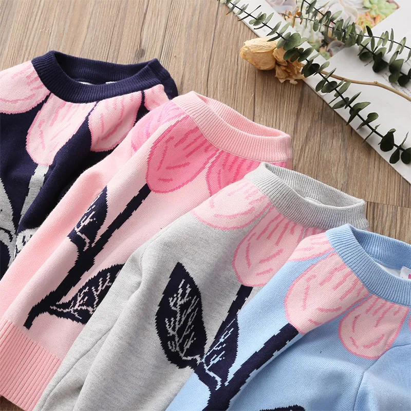 2024 Autumn Winter New 3 4 5 6 8 10 Years Kids Children O-Neck Long Sleeve Big Flower Floral Baby Girl Knitted Pullover Sweater