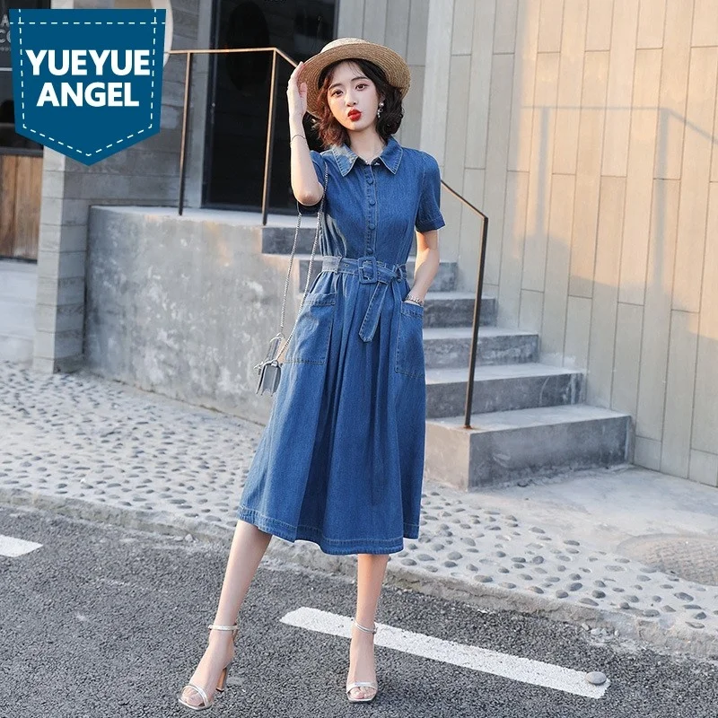 

Slim Belt A-Line Denim Dresses Women Fashion Blue Short Sleeve Lapel Sashes Ladies Elegant Mid Long Dresses High Quality Clothes