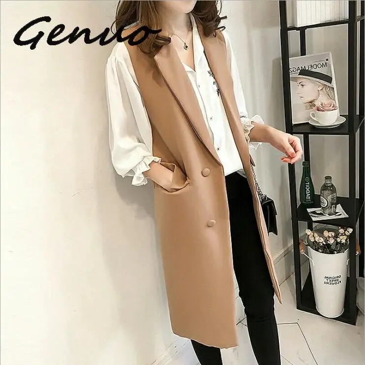 

Genuo Suit Vest Women Spring Summer Elegant Long Vest Coat Chaleco Mujer Sleeveless Black Cardigan Blazer Vest Jacket Waistcoat