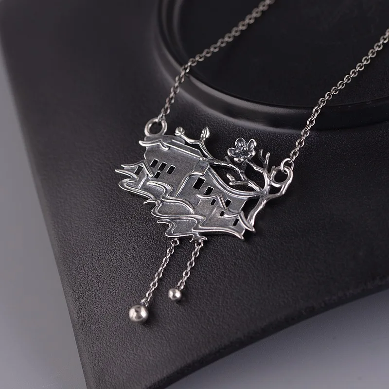 

FNJ 925 Silver Jiangnan Plum Flower Pendant For Jewelry Making Vintage 40cm +3cm 100% Pure Sterling Silver Necklace Women