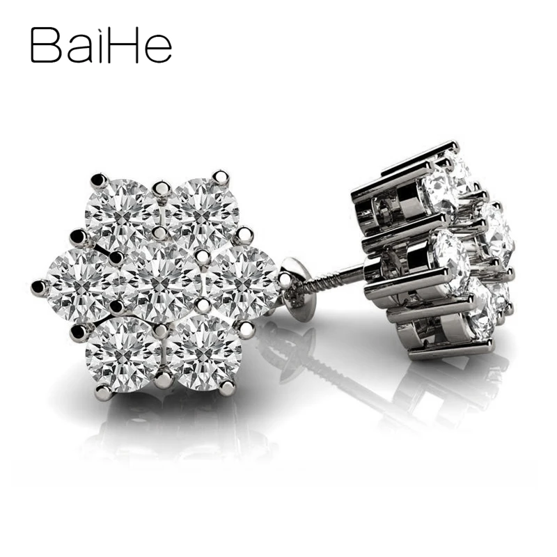 BAIHE Solid 18K White Gold H/SI Natural Diamond Snowflake Stud Earrings Women Men Fine Jewelry Making Boucles d'oreilles flocon