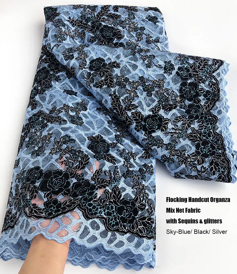 Sky Blue Black African Flocking Handcut Organza Lace French inspired fabric with Glitters Sequins Wear for Occasions Celebrants