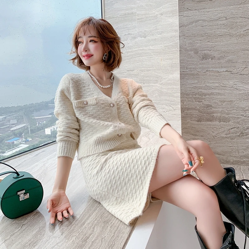 Autumn Ladies Style Fashion Skirt Sets Female V-neck Single Breasted Knit Jacket Tops + High Waistmini Skirt Two-piece Suit