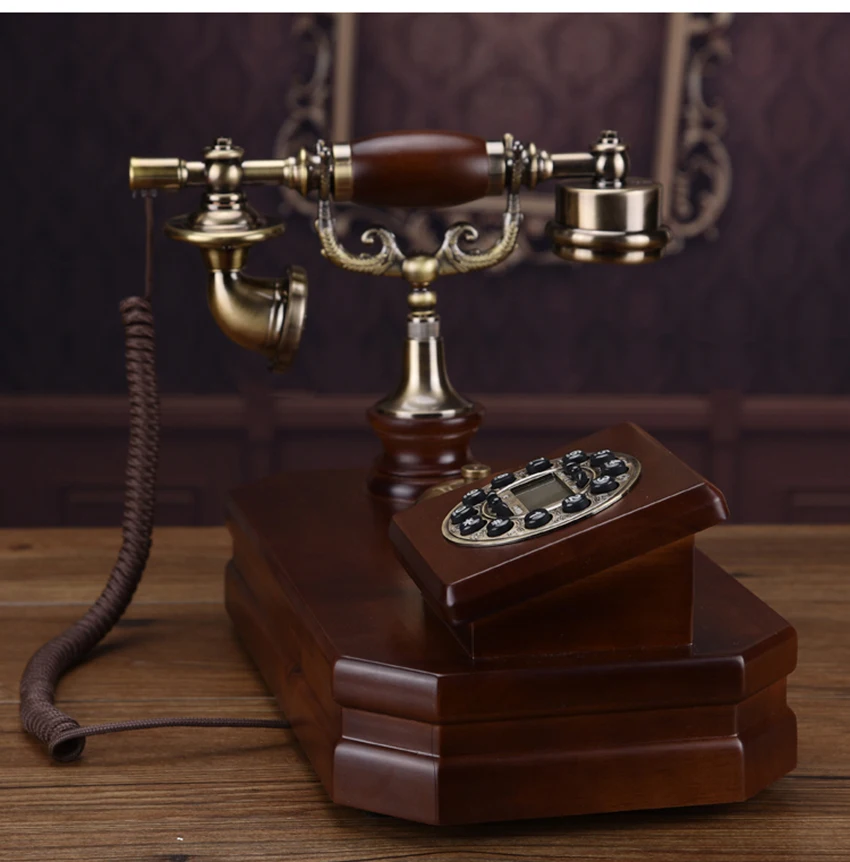 Wooden Retro Desk Phone Vintage Single Landline Telephone with Push Button Numbers, Caller ID, Decoration Telephone for Home