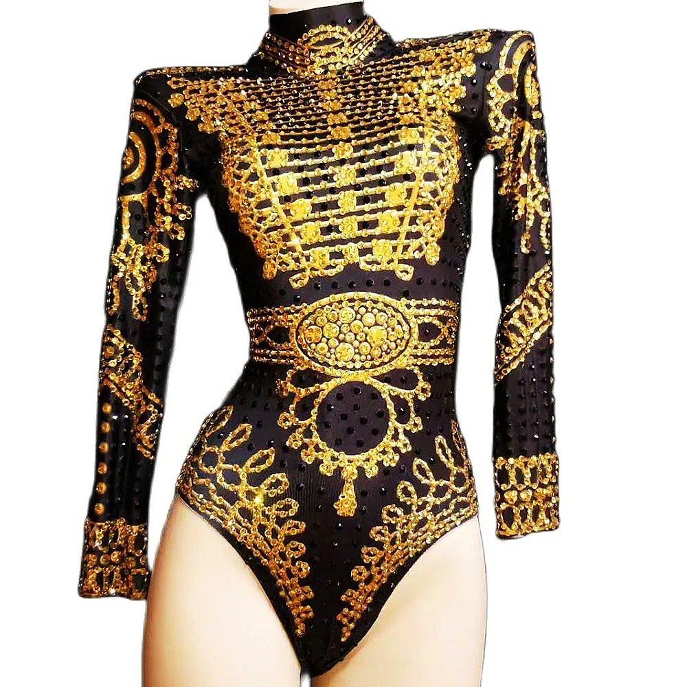 

Shining Diamonds Long Sleeve Women Bodysuits Birthday Celebrate Party Luxury Leotard Nightclub Singer Pole Dance Costume