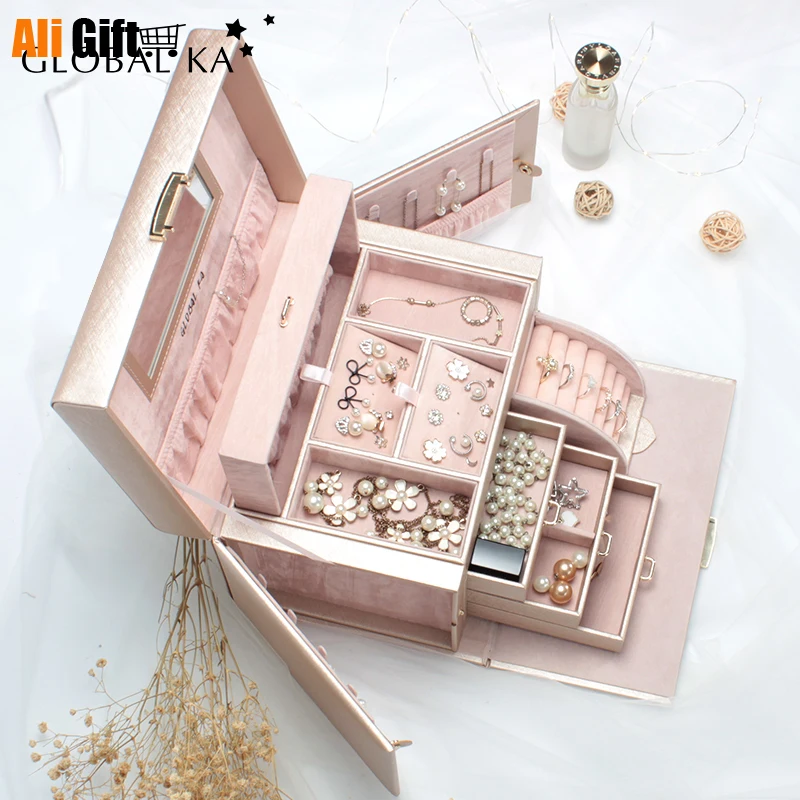 New Fashion Jewelry Boxes Princess South Korea Jewelry Boxes Large Capacity Wooden Necklaces Earrings Cassette Lock Organizers