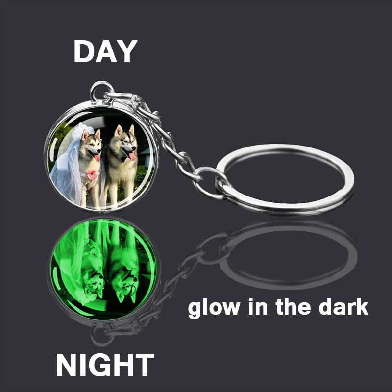 Glow In The Dark Siberian Husky Key Ring Animal Key Chain Double Side Glass Ball Luminous Keychain Dog Keyring Animals Jewelry