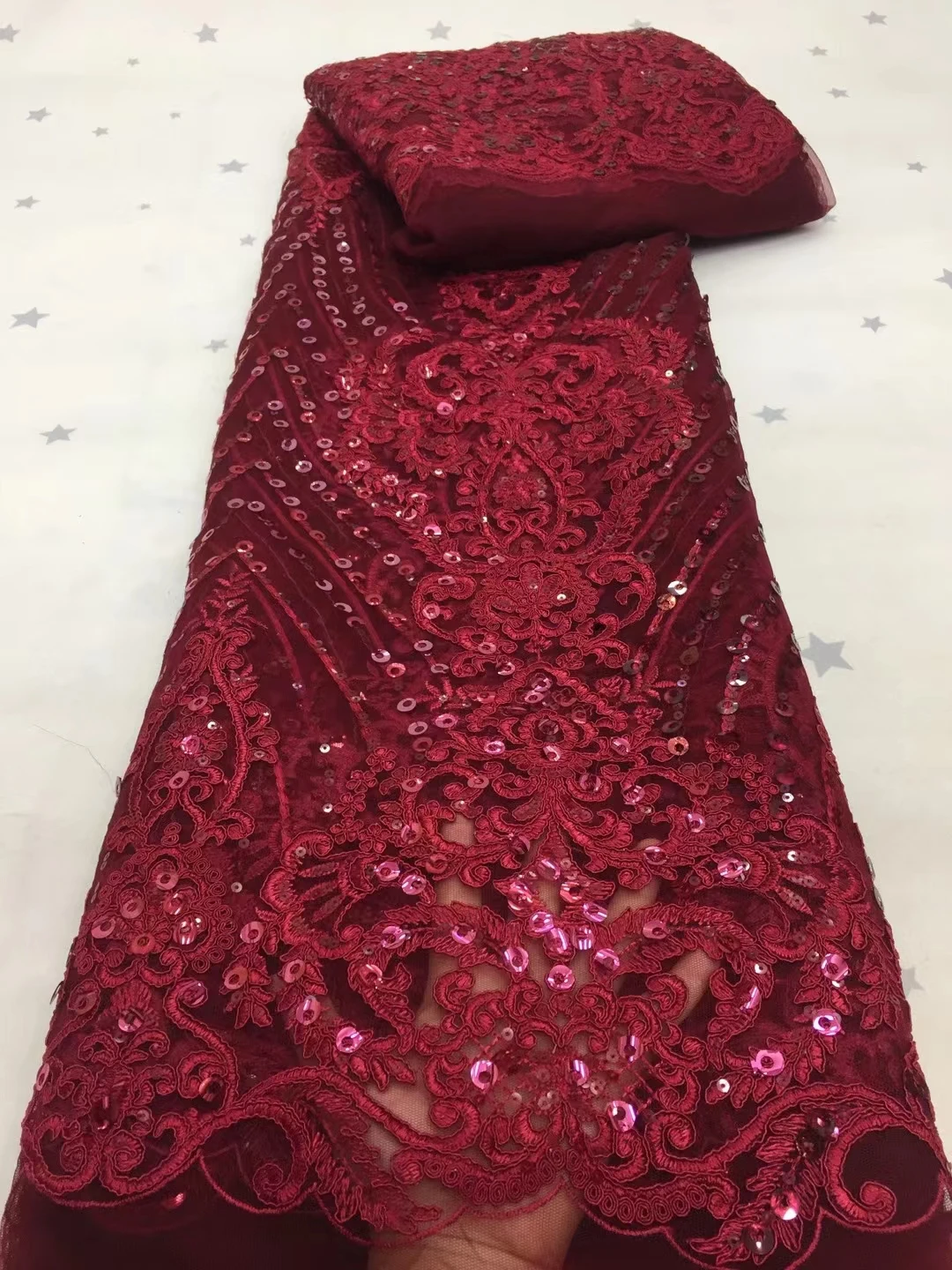 Water Soluble Red Cotton Lace Fabric 2022 High Quality Lace 5 Yards,Dry Embroidery Lace Materials African Materials With Sequins