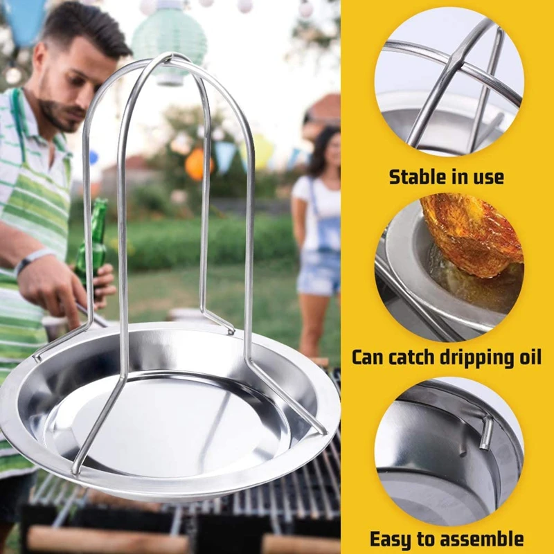 LMETJMA Chicken Roaster Rack With Bowl Carbon Steel Beer Can Chicken Turkey Roaster BBQ Grill Rack Stand Holder Tray KC0229