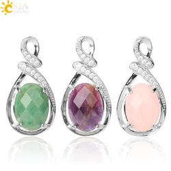 CSJA Semi Precious Natural Gem Stone Necklace Reiki Egg Pendant CZ Rose Crystal Quartz Tiger Eye Green Aventurine Obsidian G706