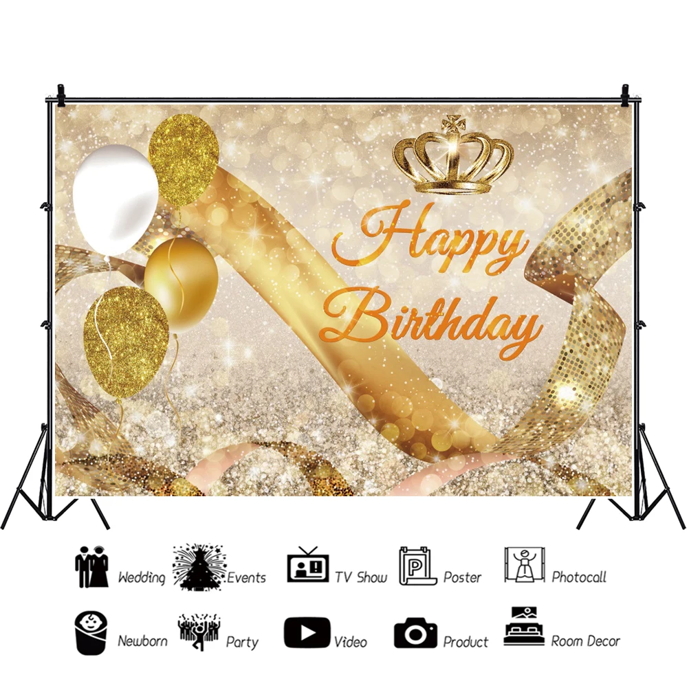 Laeacco Gold Crown luccica Happy Birthday Party Light Bokeh Background ritratto personalizzato Poster sfondo fotografico fotografico