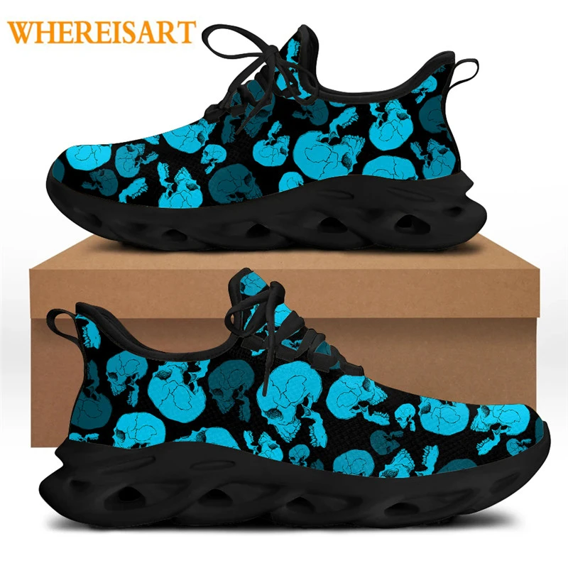 

WHEREISART Men's Blue Skull Print Sport Sneaker Casual Running/Ball Game Footwear Cool Flex Control Lace-up Vulcanized Shoes