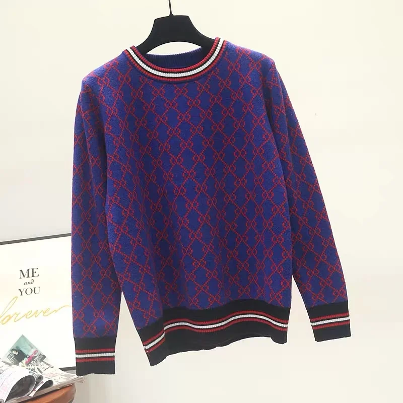 Autumn And Winter New Loose Knit Sweater Korean Style Pullover Round Neck Geometric Clash Jacquard Casual Sweater Jumper