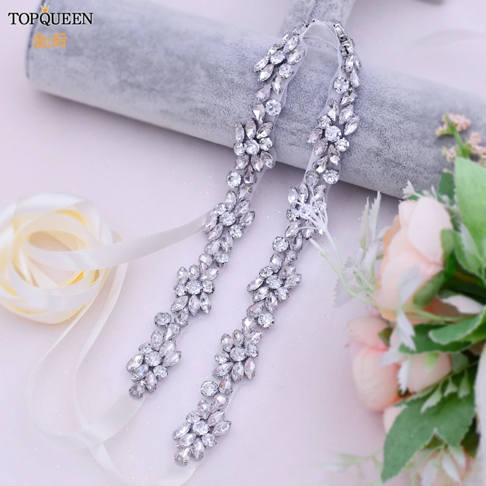 TOPQUEEN S437-S Bridal Belt Silver Rhinestone Wedding Dress Sash Bling Diamond Party Evening Women's'S Accessories Gown Applique