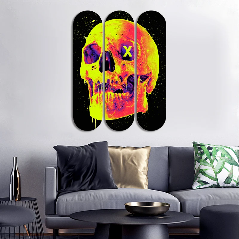 3pcs Skateboard Wall Art Neon Terror Skull Collection Skate Deck Mural Decorative Board for Bar Club Game Room Ornaments view 3